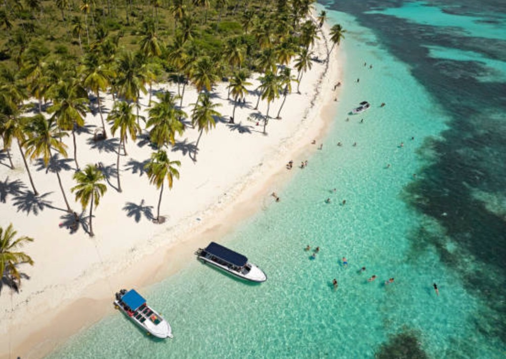 Catamaran approaching Saona Island's palm-lined beach from La Romana