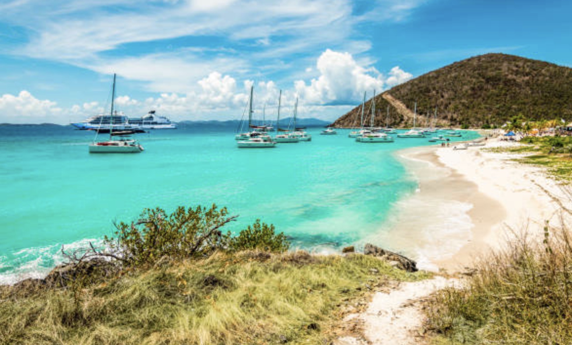 Catamaran sailing past Tortola's green hills in the British Virgin Islands